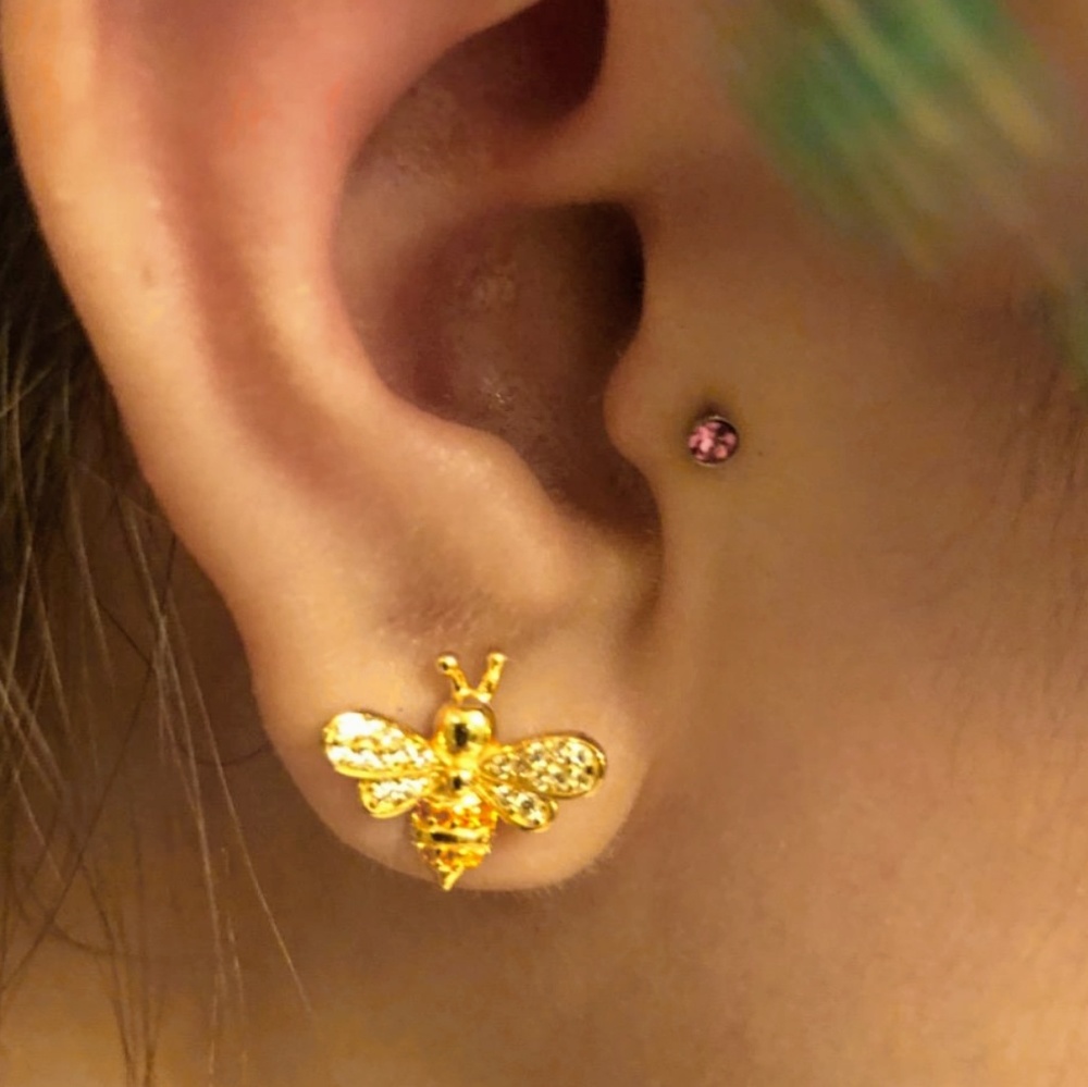 Gold busy honey bee stud earrings - Picture 3 of 7